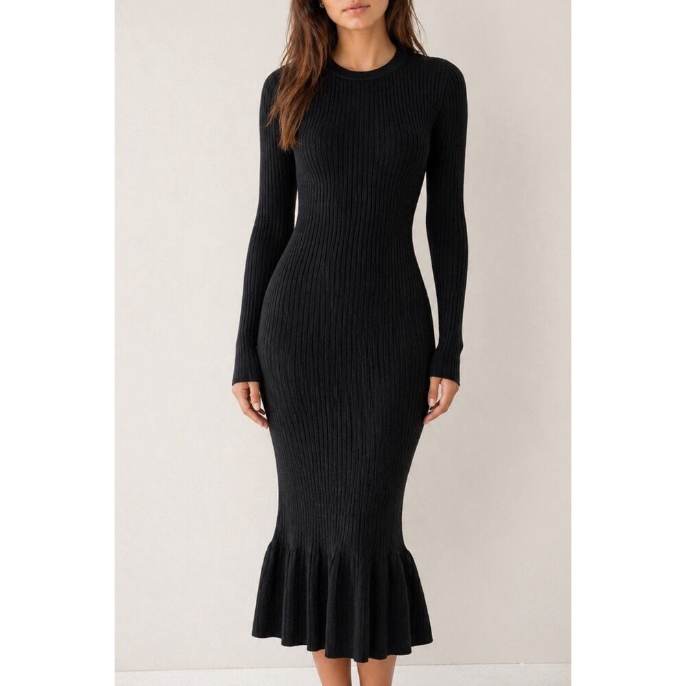 J Crew Super-Stretch Ruffle Sweater Dress Womens M Black Ribbed Midi Fitted